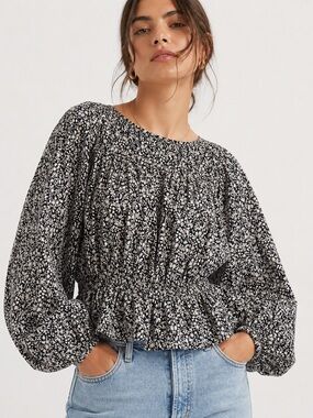 Anthropologie Style Black Floral Peplum Blouse Puff Sleeve Smocked Boho Top